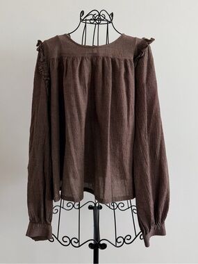 Treasure & Bond Chocolate Brown Ruffle-Shoulder Long Sleeve Blouse
